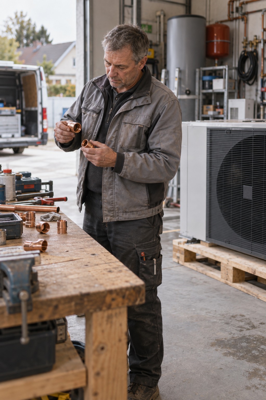 HVAC contractor in his workshop checking copper pipe fittings next to a heat pump on a pallet