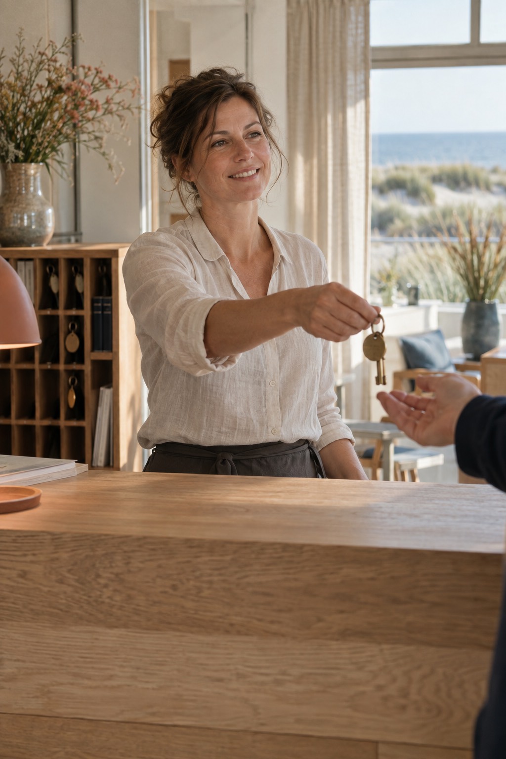 Owner of a small seaside hotel handing a room key across a light oak front desk, dunes and the sea in the window