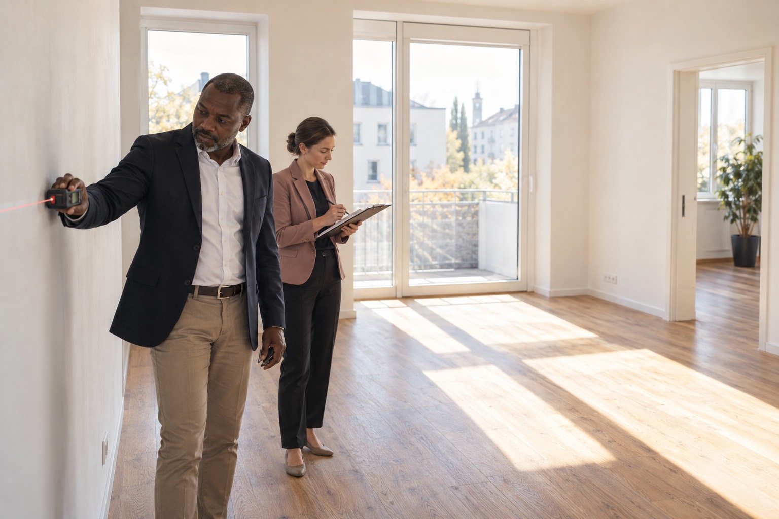 Agent measuring an empty living room with a laser distance meter while a colleague takes notes on a clipboard