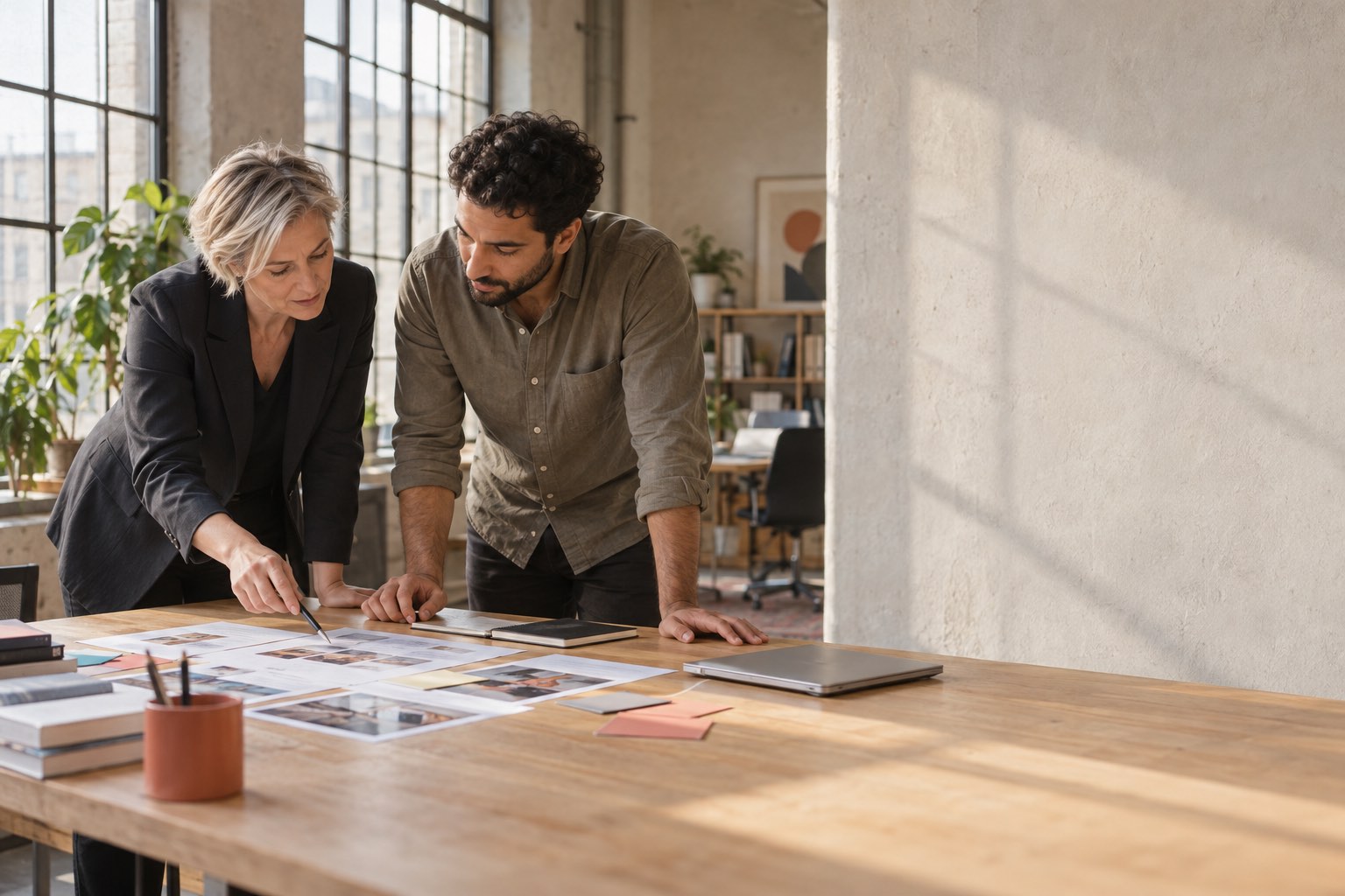 The owner and a designer of a web agency discuss client site drafts at their work table
