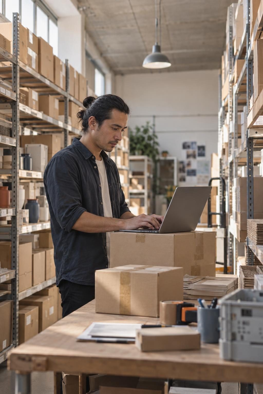 Retailer typing on his laptop in a warehouse between shelves and parcels